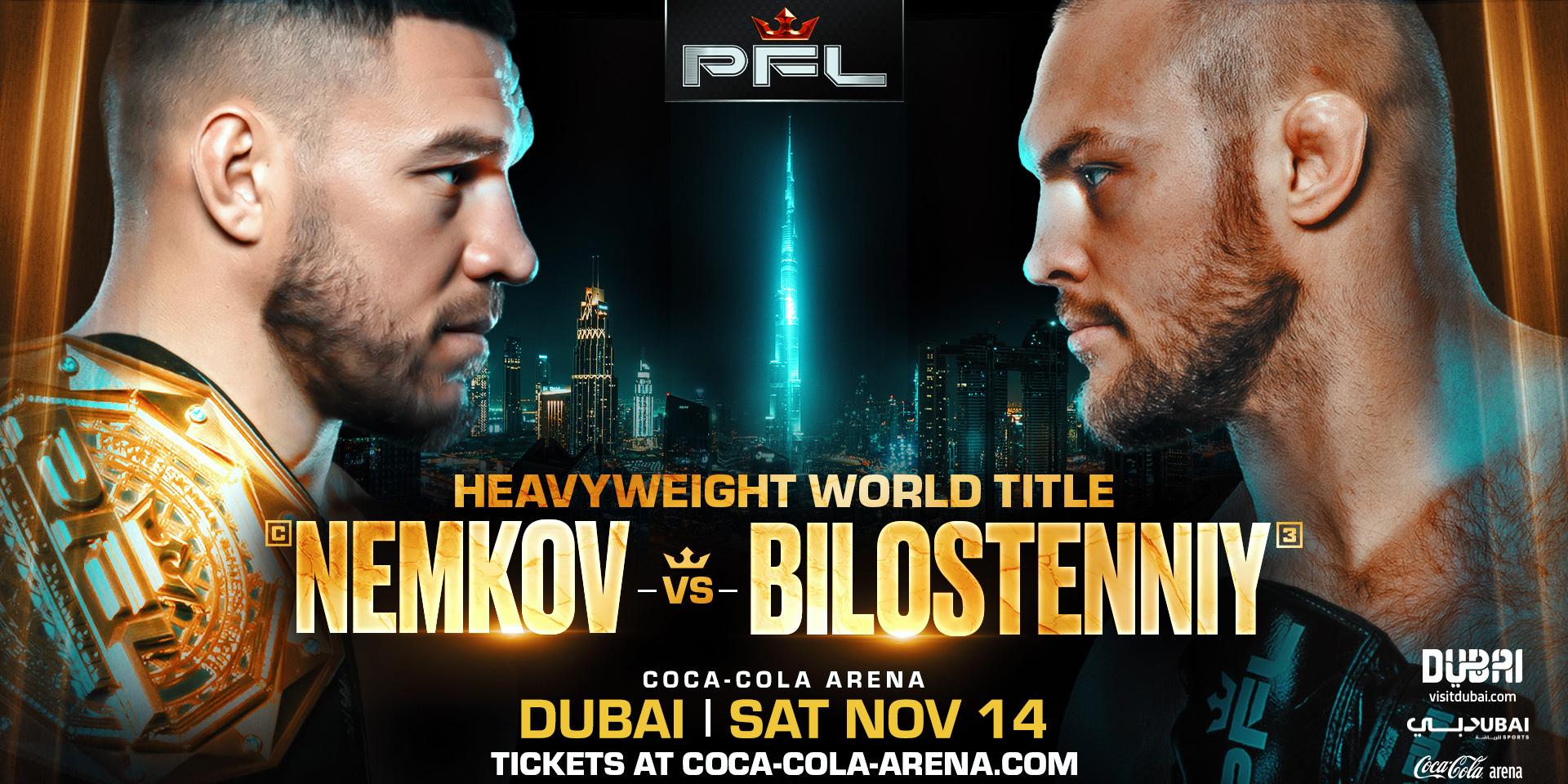HEAVYWEIGHT GOLD ON THE LINE AS VADIM NEMKOV DEFENDS HIS PFL WORLD TITLE AGAINST SERGEI BILOSTENNIY AT PFL DUBAI
